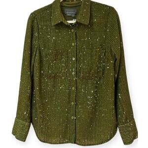 Anthropologie The Remie Sequin Button Down Blouse Green Retro Bling Fall Xmas S